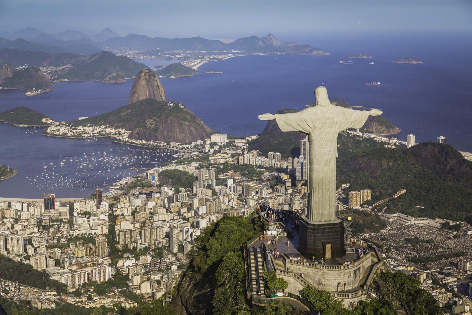 Rio de Janeiro, Brazil : Aerial view of Christ and Botafogo Bay from high angle